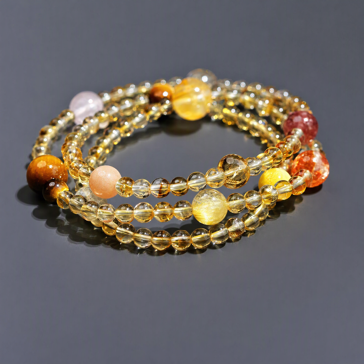 Natural Citrine 3-Wrap Crystal Bracelet with Tiger's Eye & Mixed Gemstones for Women