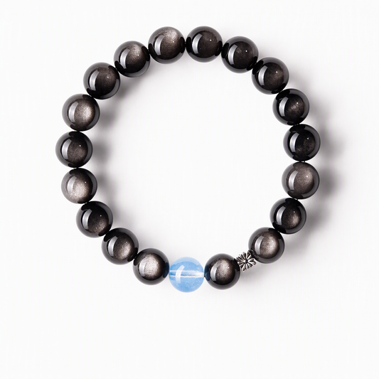 Silver Sheen Obsidian & Aquamarine Bracelet with S925 Sterling Silver Beads