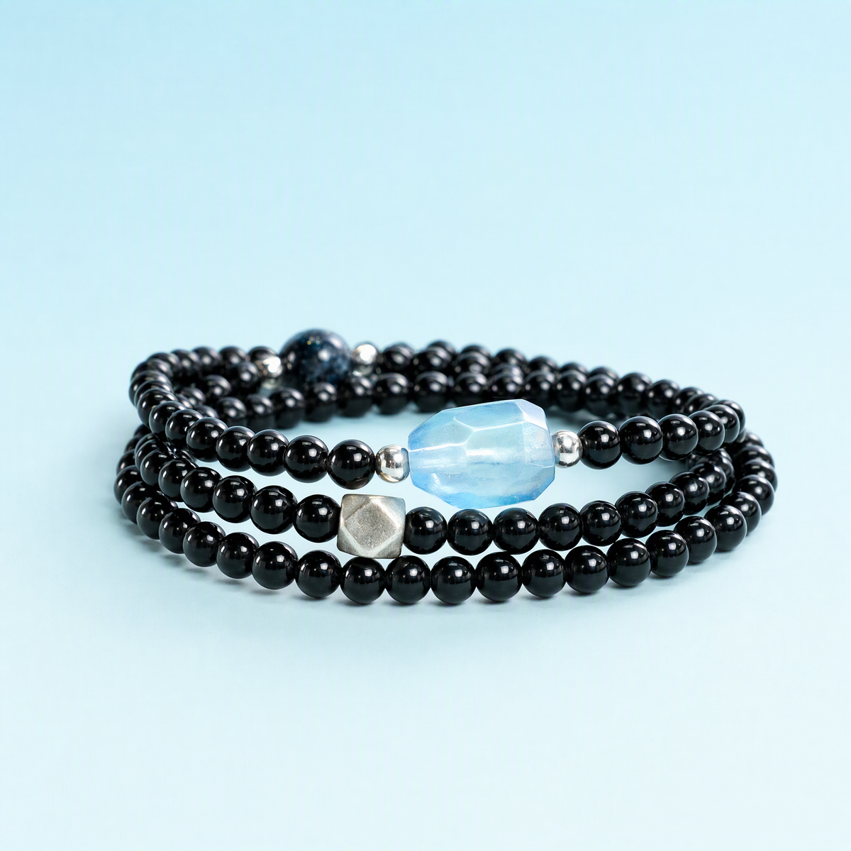 Black Obsidian, Aquamarine & Blue Tiger’s Eye Double-Wrap Bracelet – 4mm