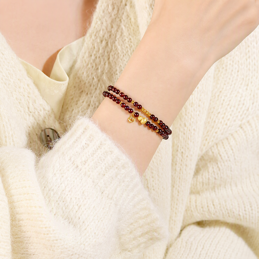 Natural Garnet Multi-Wrap Bracelet with Gold-Tone Gourd & Coin Charms