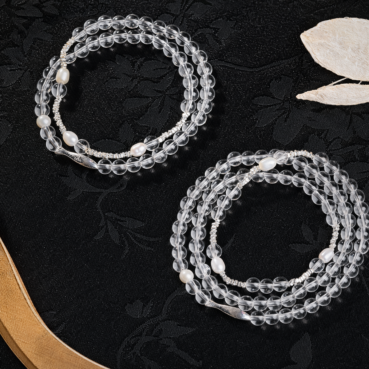 Natural Clear Quartz & Freshwater Pearl Bracelet with S925 Sterling Silver Fish Charm