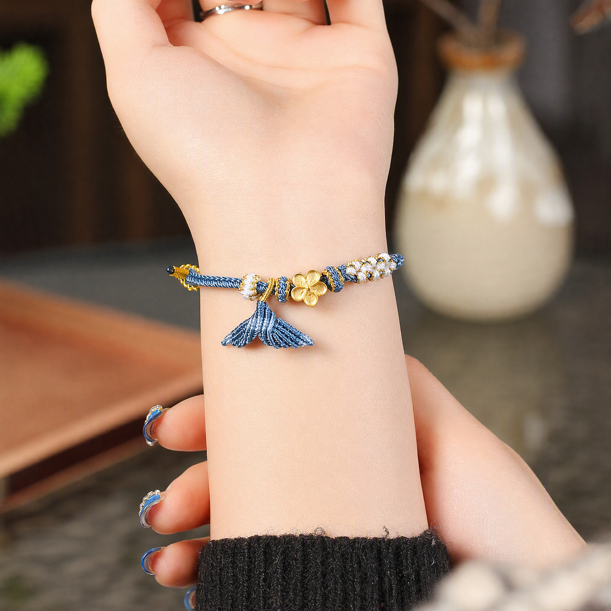 Handwoven Fish Tail Charm Bracelet with 14K Gold-Plated Peach Blossom Bead