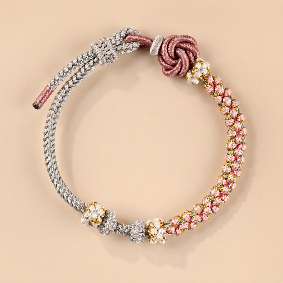 Boho DIY Woven Bracelet with Mandala & Peach Blossom Knot – Adjustable Beaded Bracelet