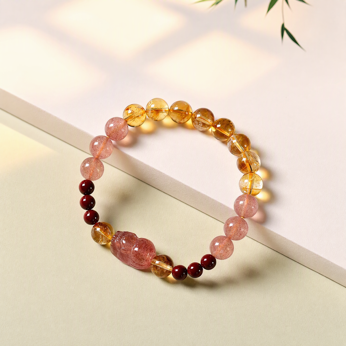 Natural Citrine & Strawberry Quartz Bracelet for Women with Pixiu Charm