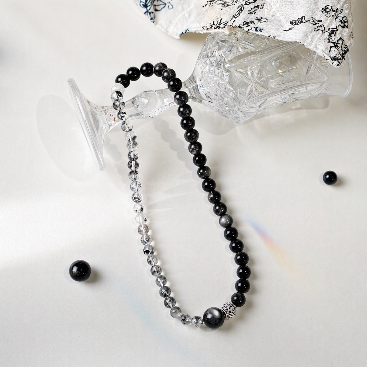 Silver Sheen Obsidian & Phantom Quartz Bracelet – 10.5mm Beads