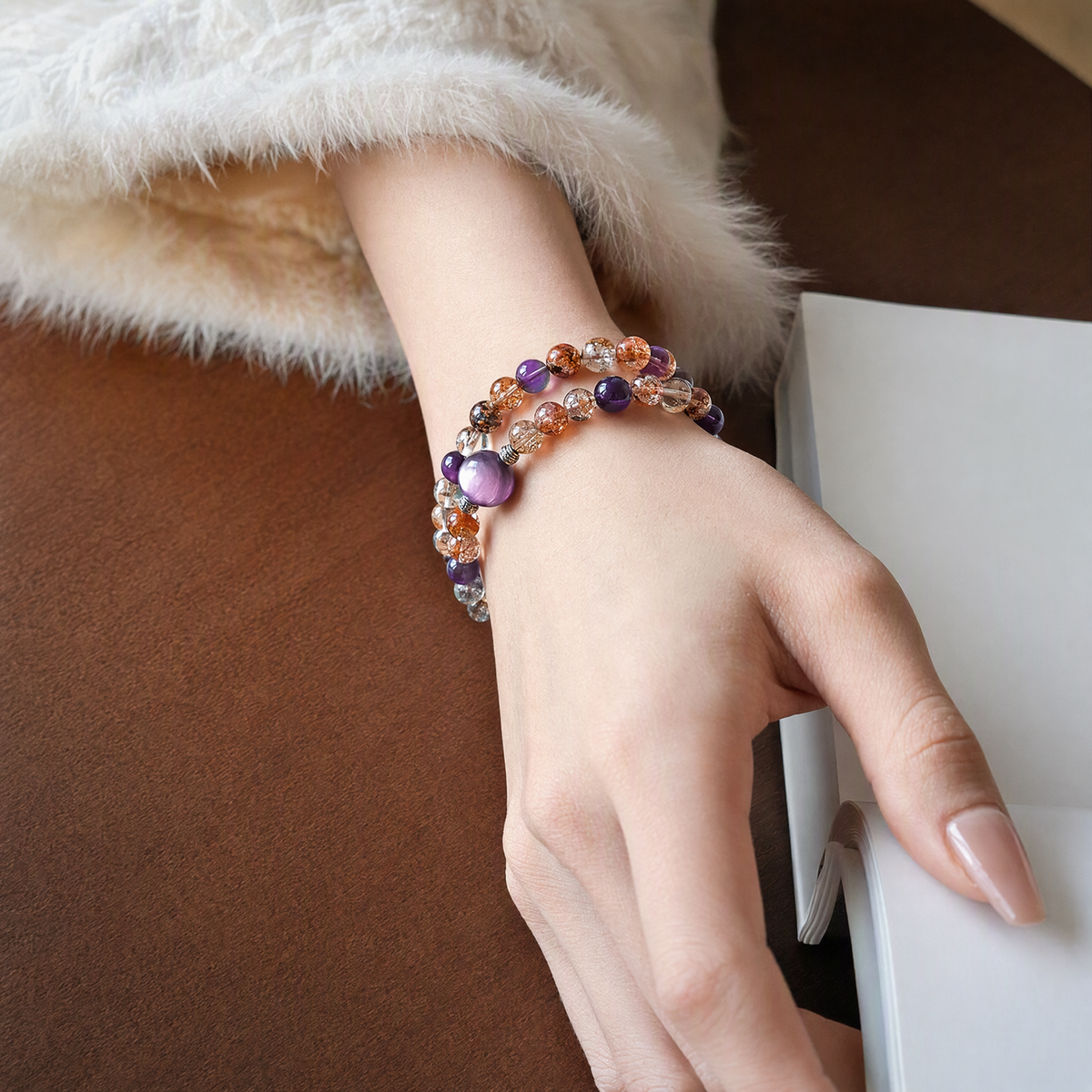 Purple Super Seven & Lepidolite Bracelet – 6mm Purple Crystal Jewelry