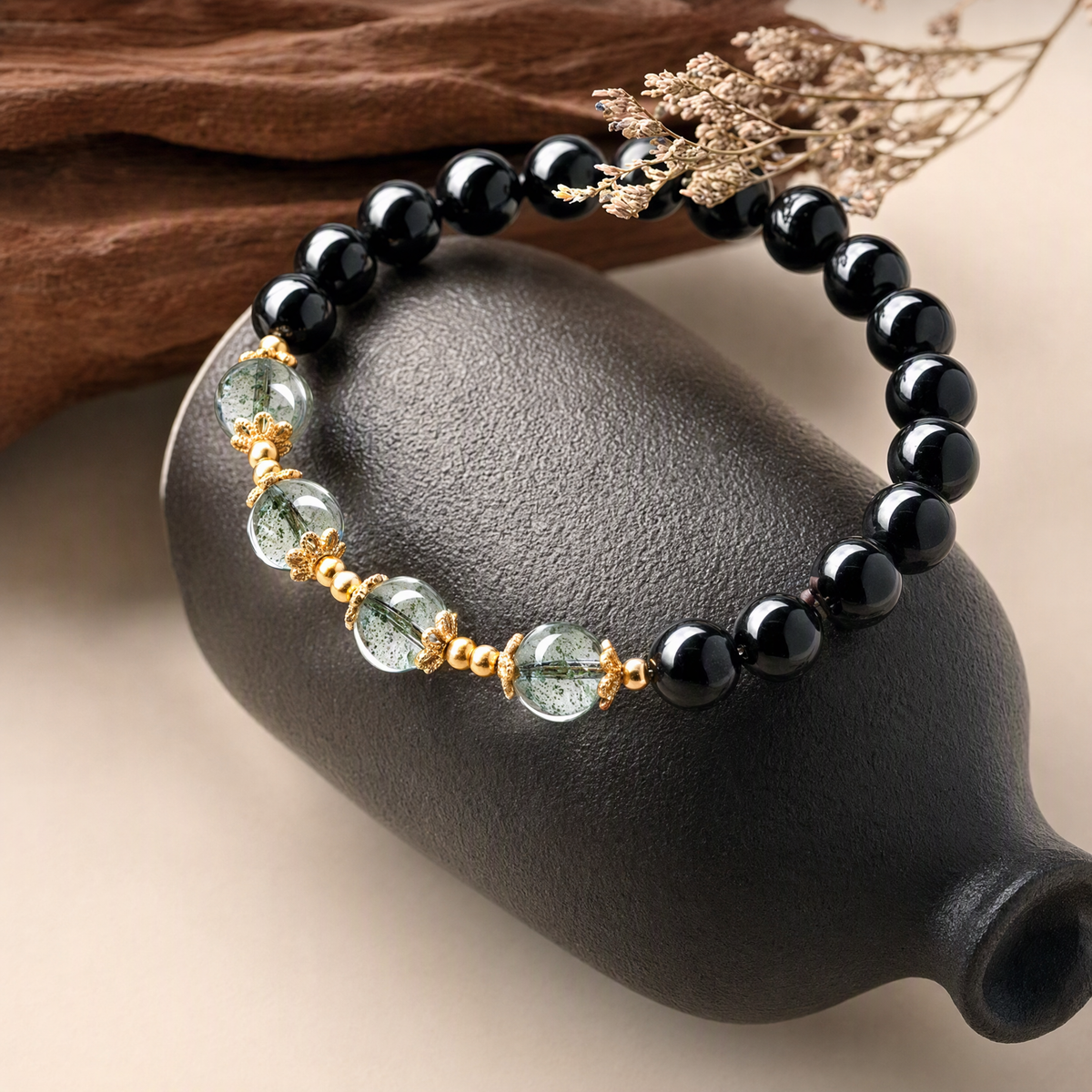 Natural Black Obsidian & Green Phantom Quartz Bracelet – Meaningful Gemstone Jewelry