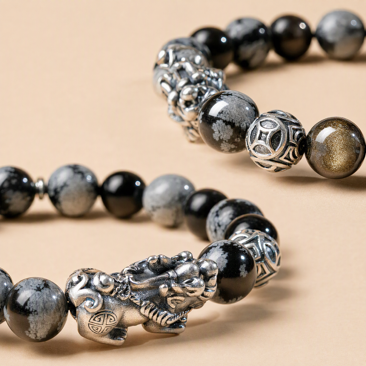 S999 Silver Pixiu & Black Obsidian Bracelet – Vintage Unisex Design