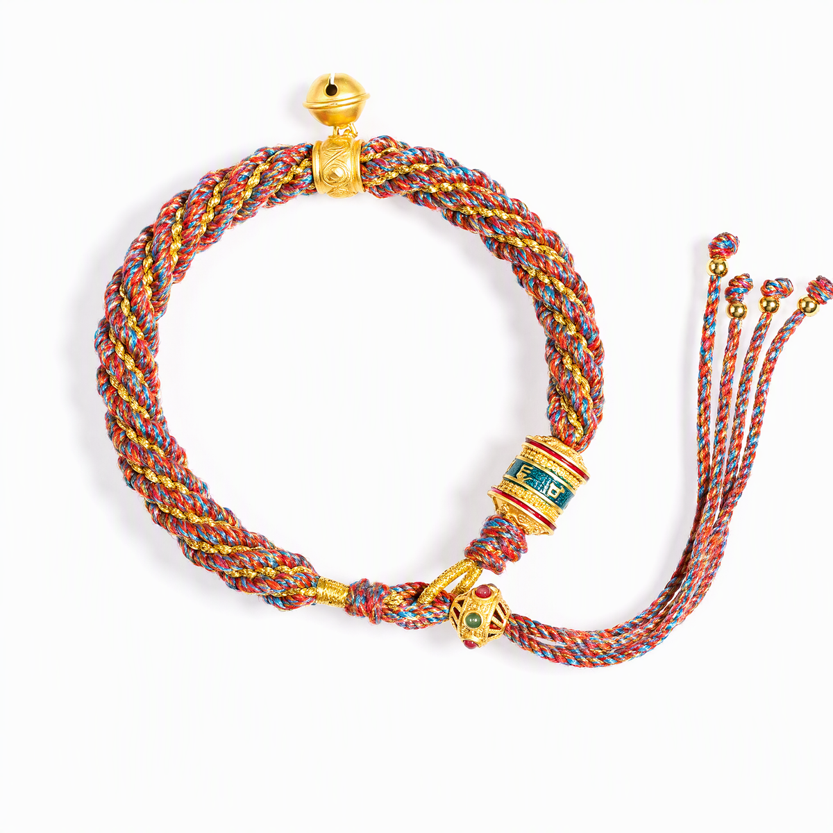 Tibetan-Inspired Woven Mantra Bracelet with Bell & Six-Syllable Mantra Wheel