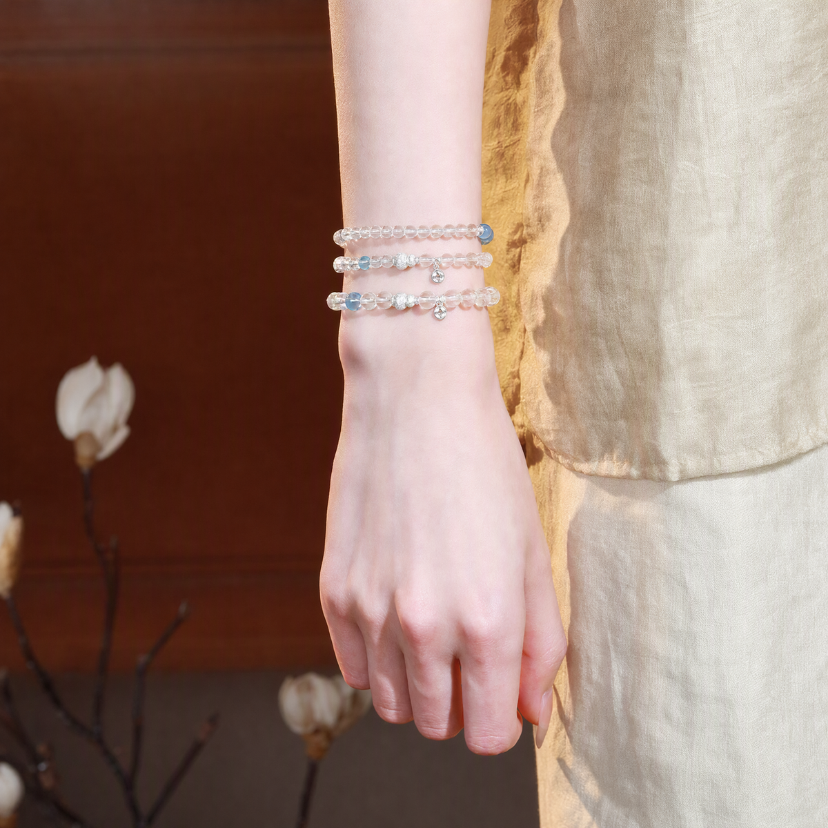 Natural Clear Quartz & Aquamarine Multi-Wrap Bracelet – Adjustable Crystal Jewelry