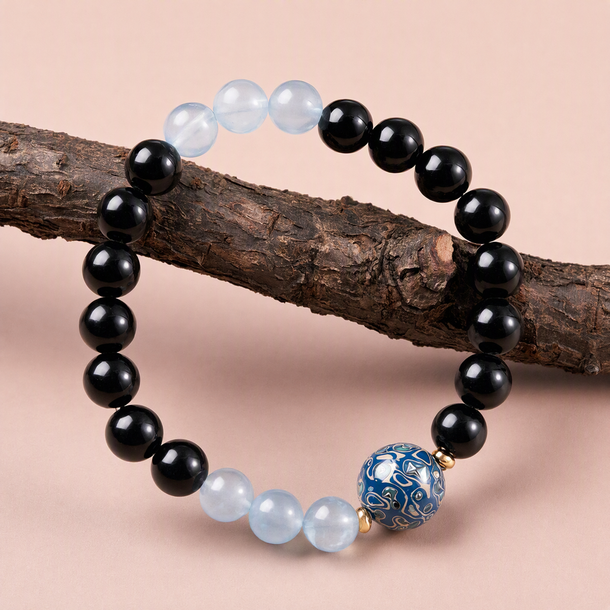 Black Obsidian & Aquamarine Bracelet with Handcrafted Lacquer Beads – 8mm