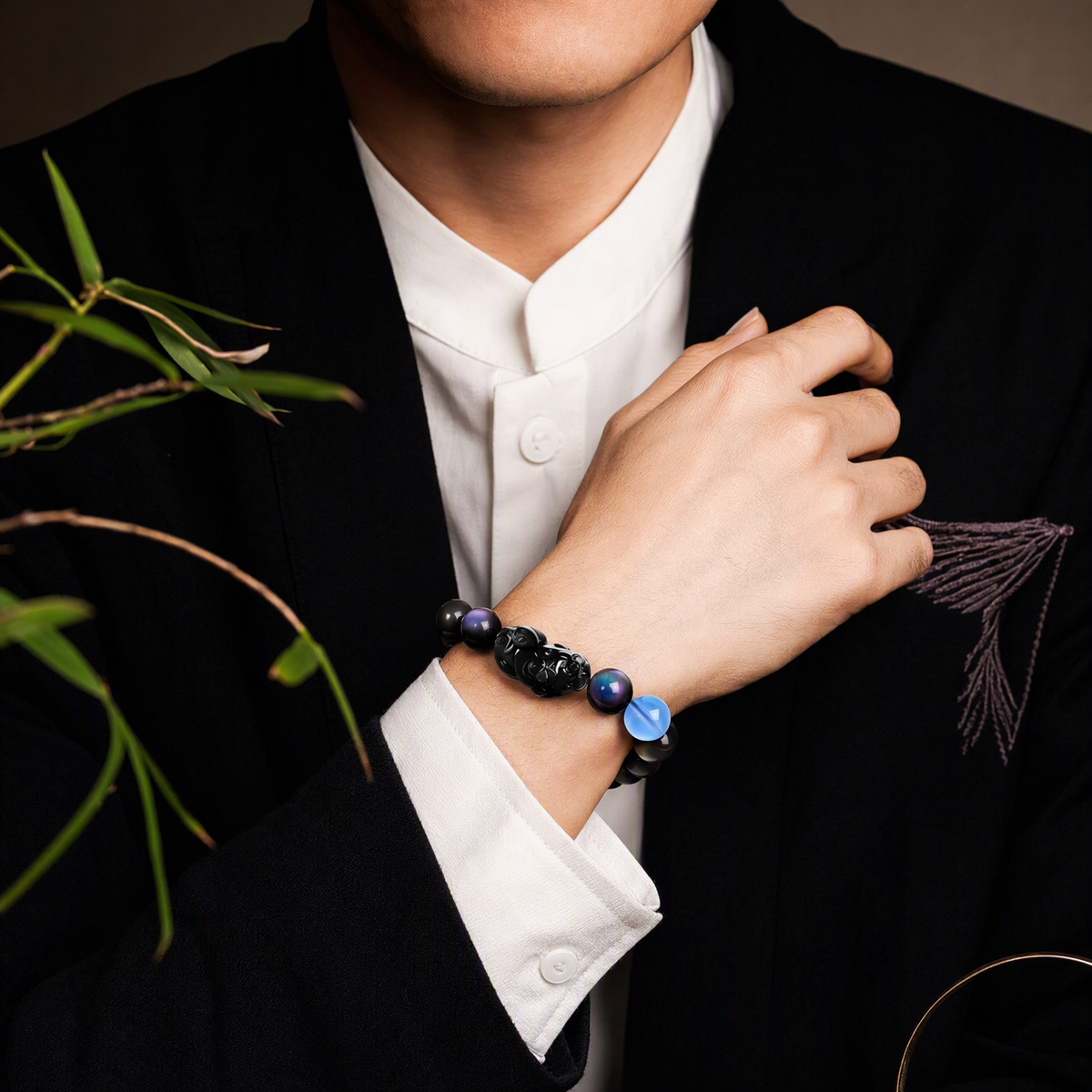 Rainbow Sheen Obsidian & Aquamarine Pixiu Bracelet – Unisex