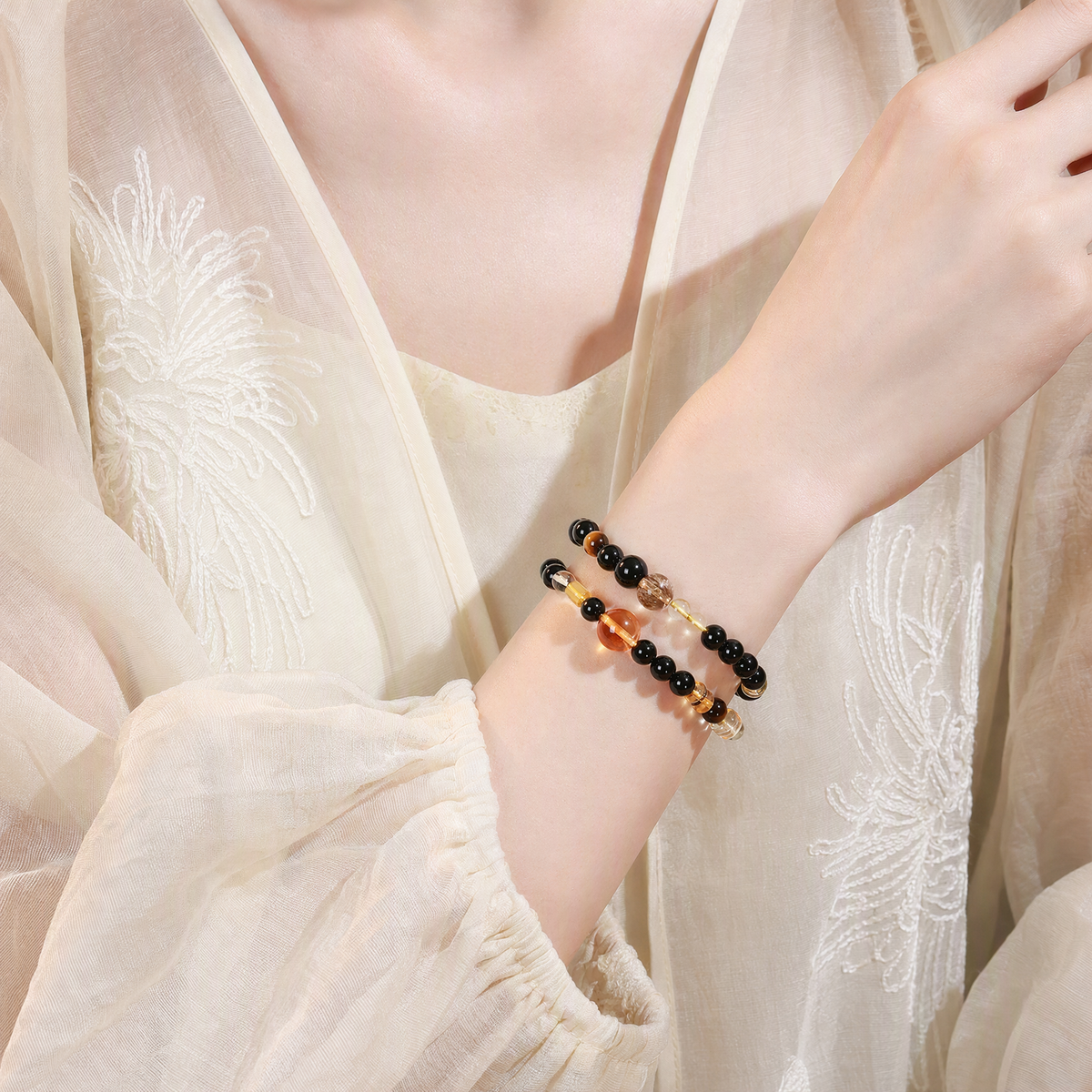 Citrine & Black Obsidian Multi-Layer Bracelet – Mixed Gemstone Design