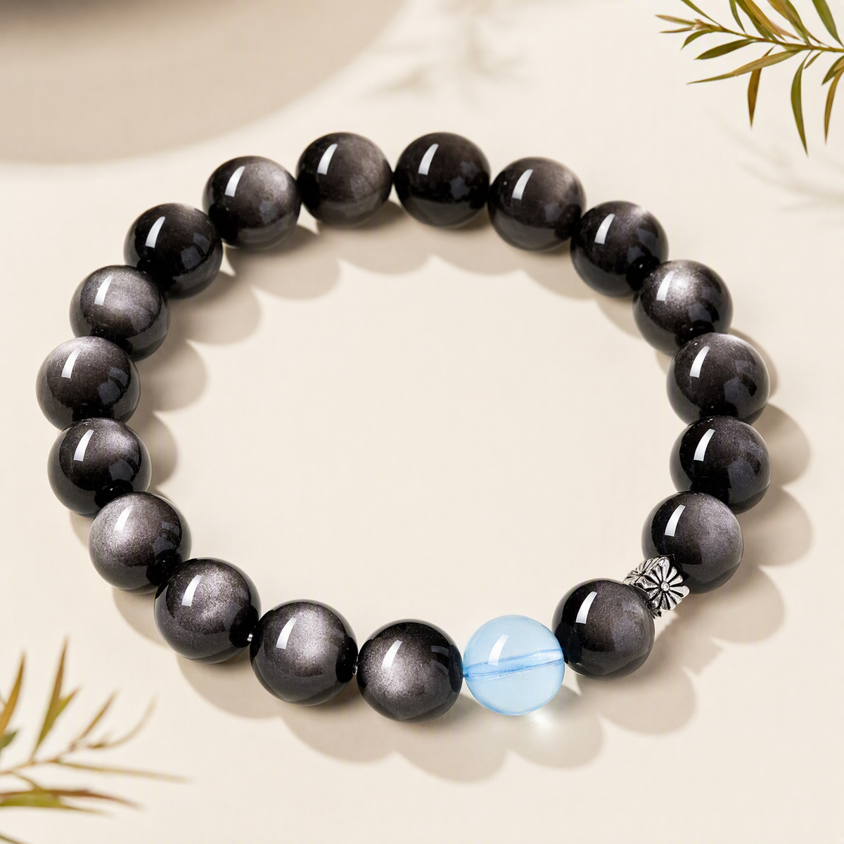 Silver Sheen Obsidian & Aquamarine Bracelet with S925 Sterling Silver Beads