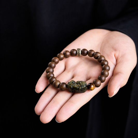 Natural Agarwood Bracelet for Men with Tiger's Eye, Gold Obsidian & Pixiu Charm