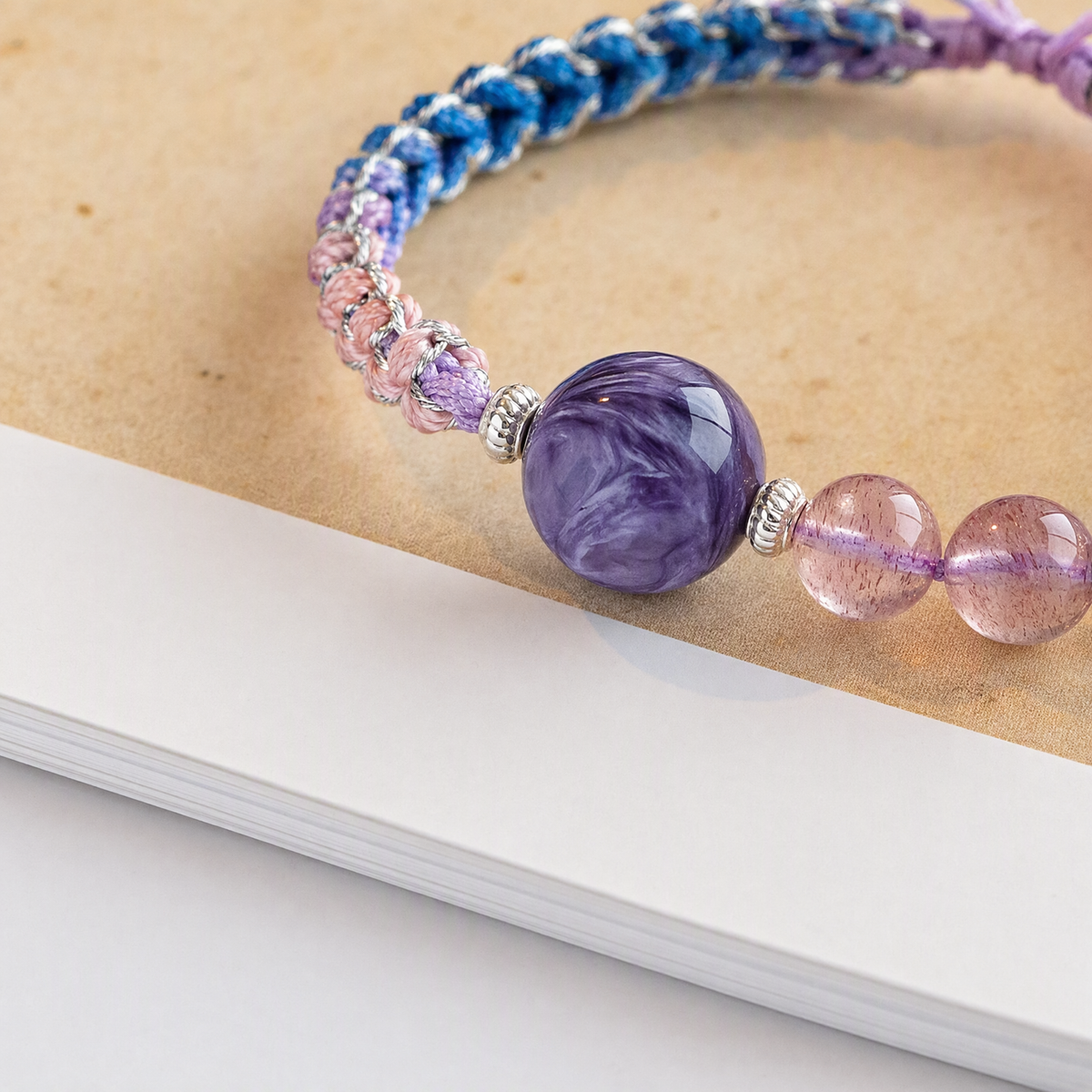 Natural Strawberry Quartz, Charoite & Amethyst Woven Bracelet – Adjustable Gemstone Jewelry