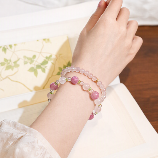 Natural Rhodonite & Strawberry Quartz Bracelet with Peridot – Faceted Crystal Jewelry for Women