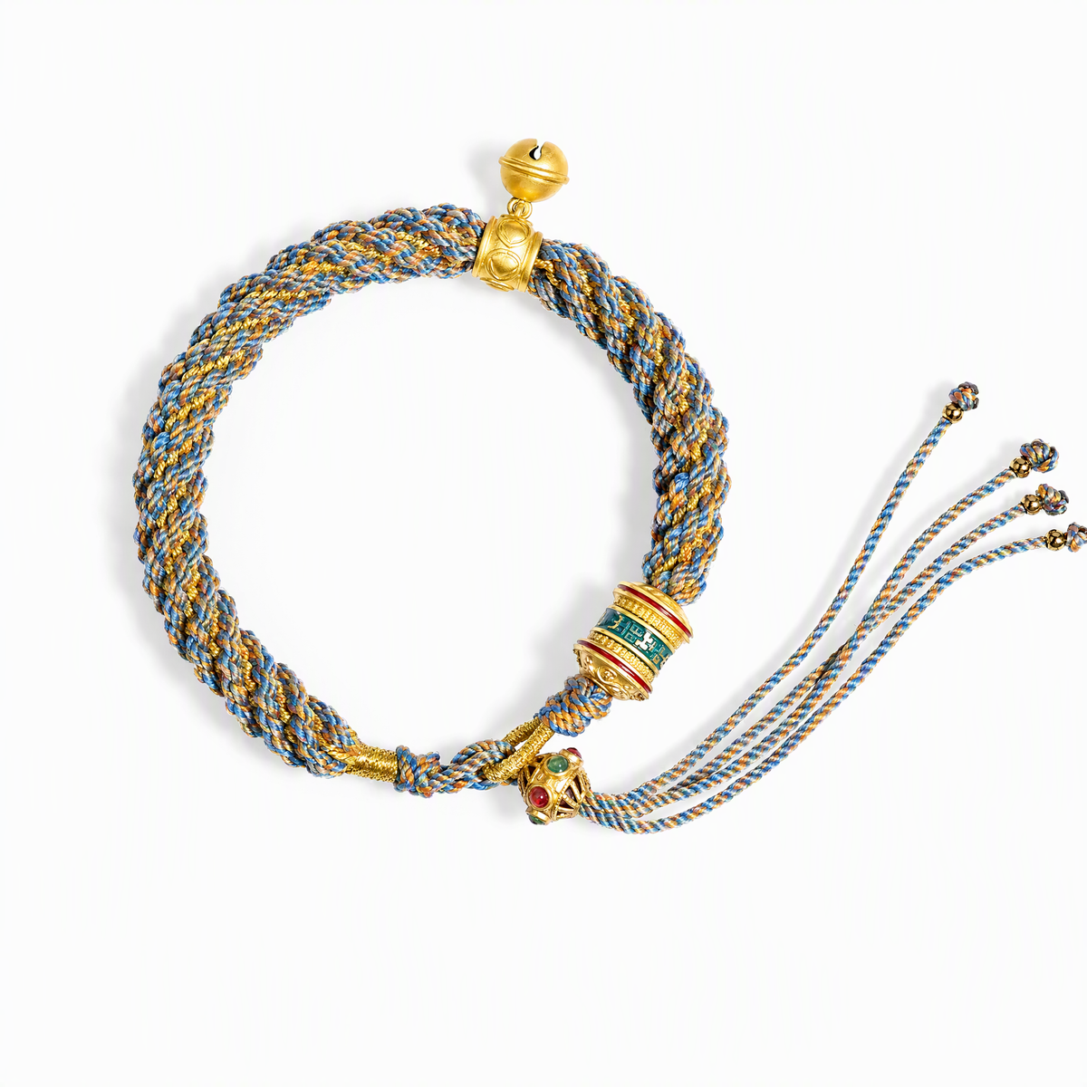 Tibetan-Inspired Woven Mantra Bracelet with Bell & Six-Syllable Mantra Wheel