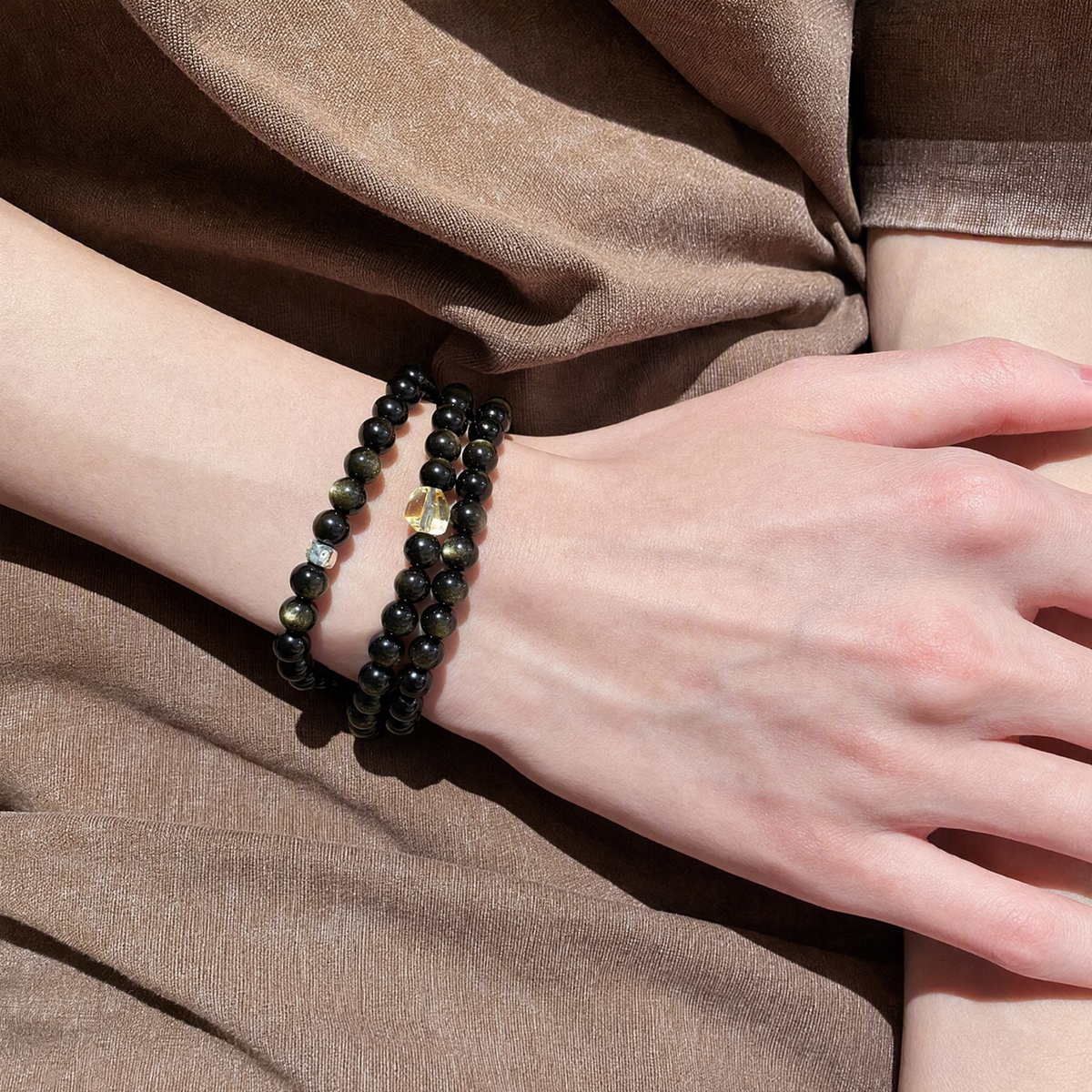 Gold Sheen Obsidian & Citrine Beaded Bracelet – Double or Triple Wrap