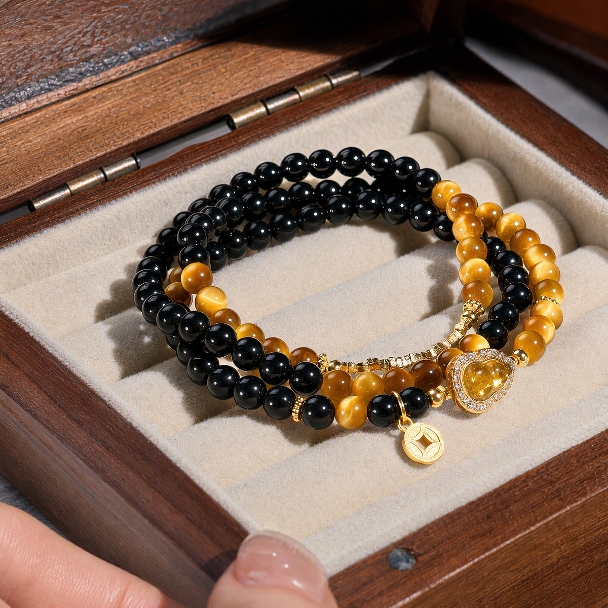 Tiger’s Eye & Black Obsidian Multi-Layer Bracelet with Gourd Charm