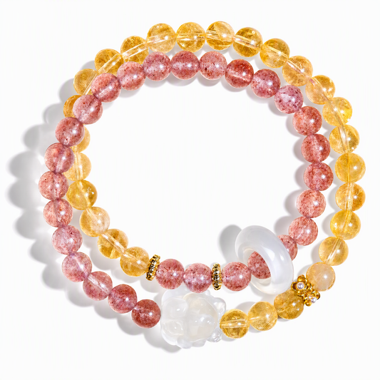Strawberry Quartz & Citrine Bracelet with White Crystal Fox Charm