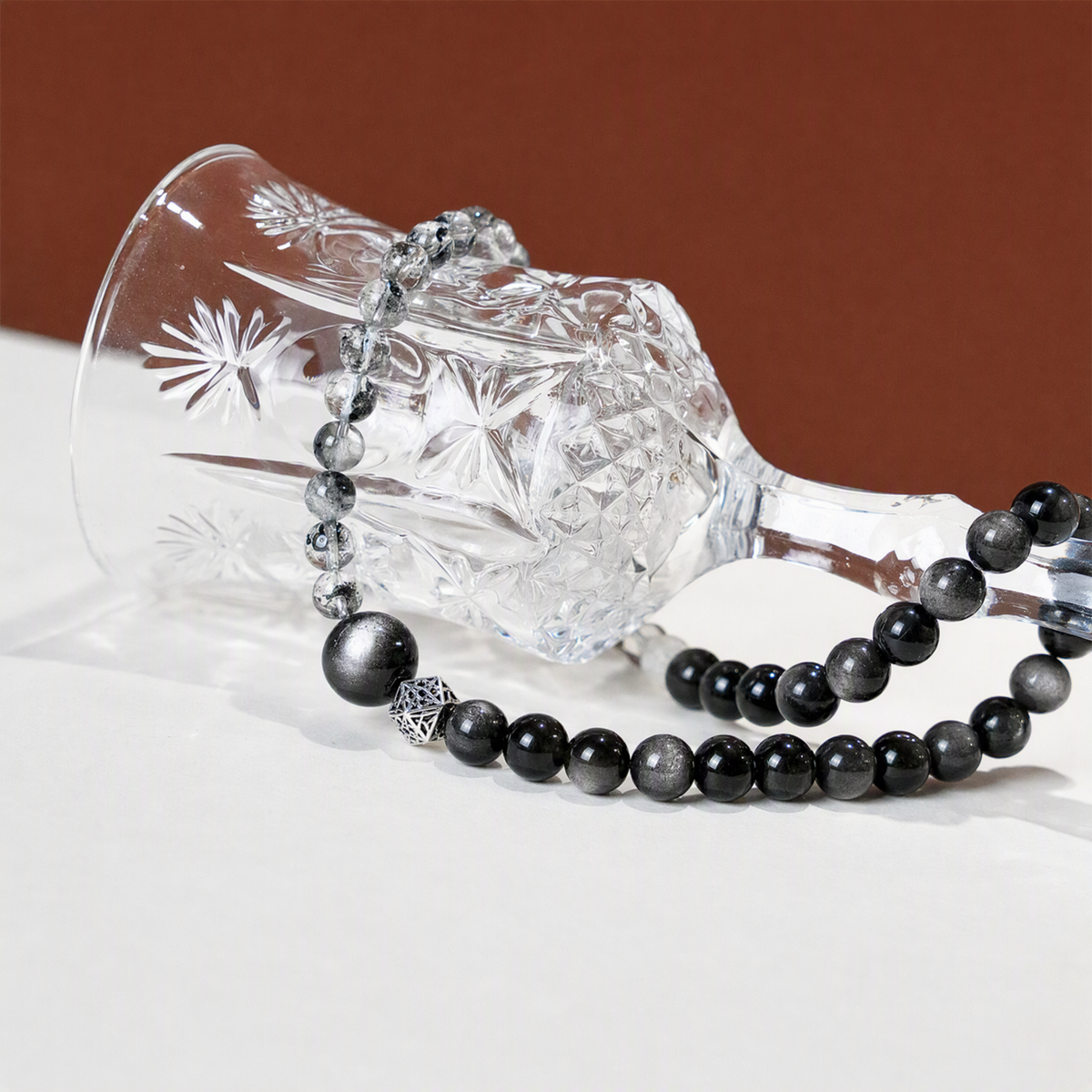 Silver Sheen Obsidian & Phantom Quartz Bracelet – 10.5mm Beads