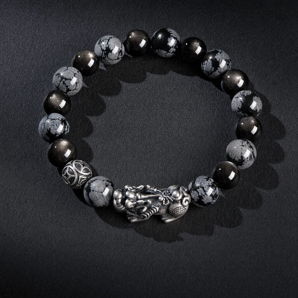S999 Silver Pixiu & Black Obsidian Bracelet – Vintage Unisex Design