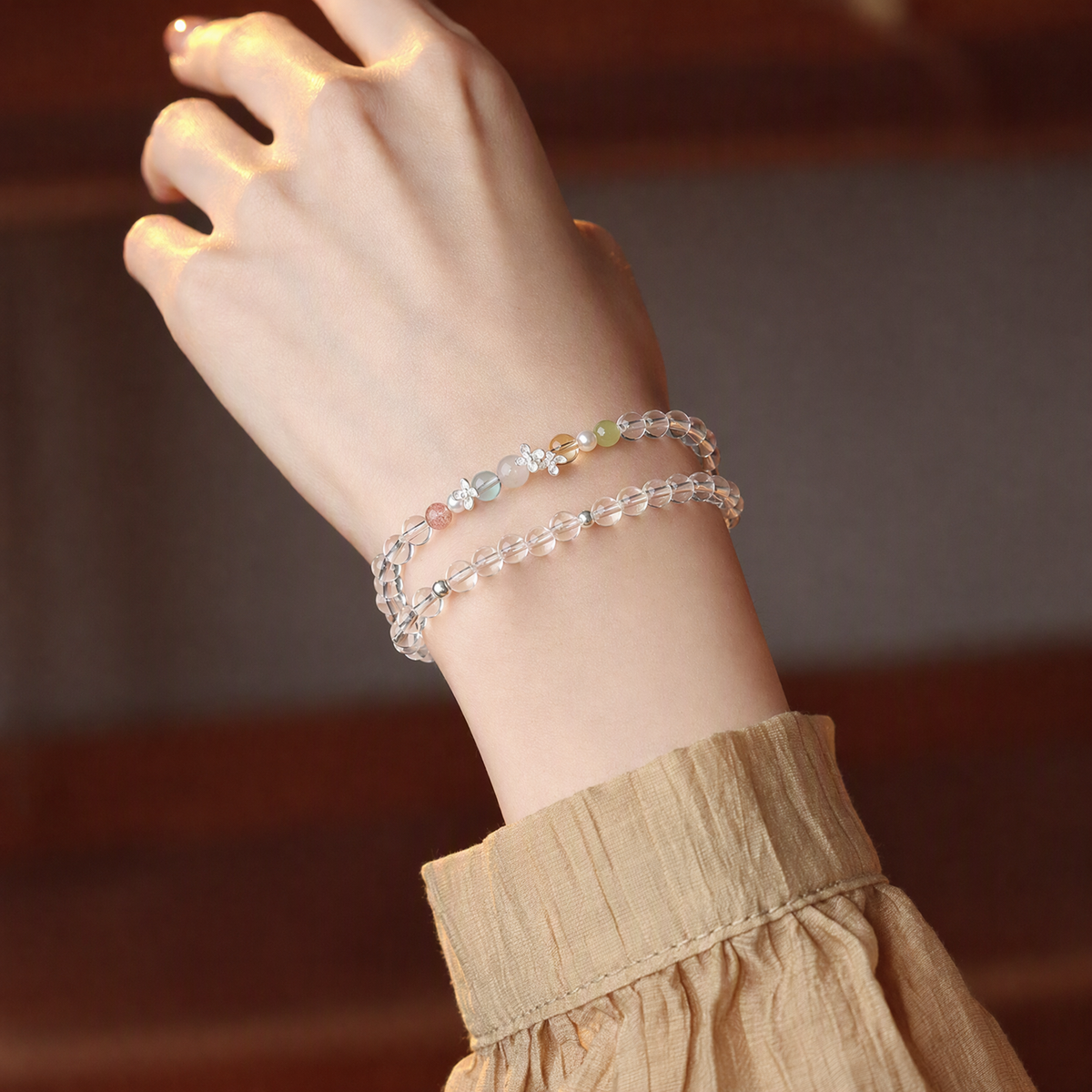 Natural Clear Quartz Rainbow Multigemstone Bracelet with Pearl & 925 Sterling Silver