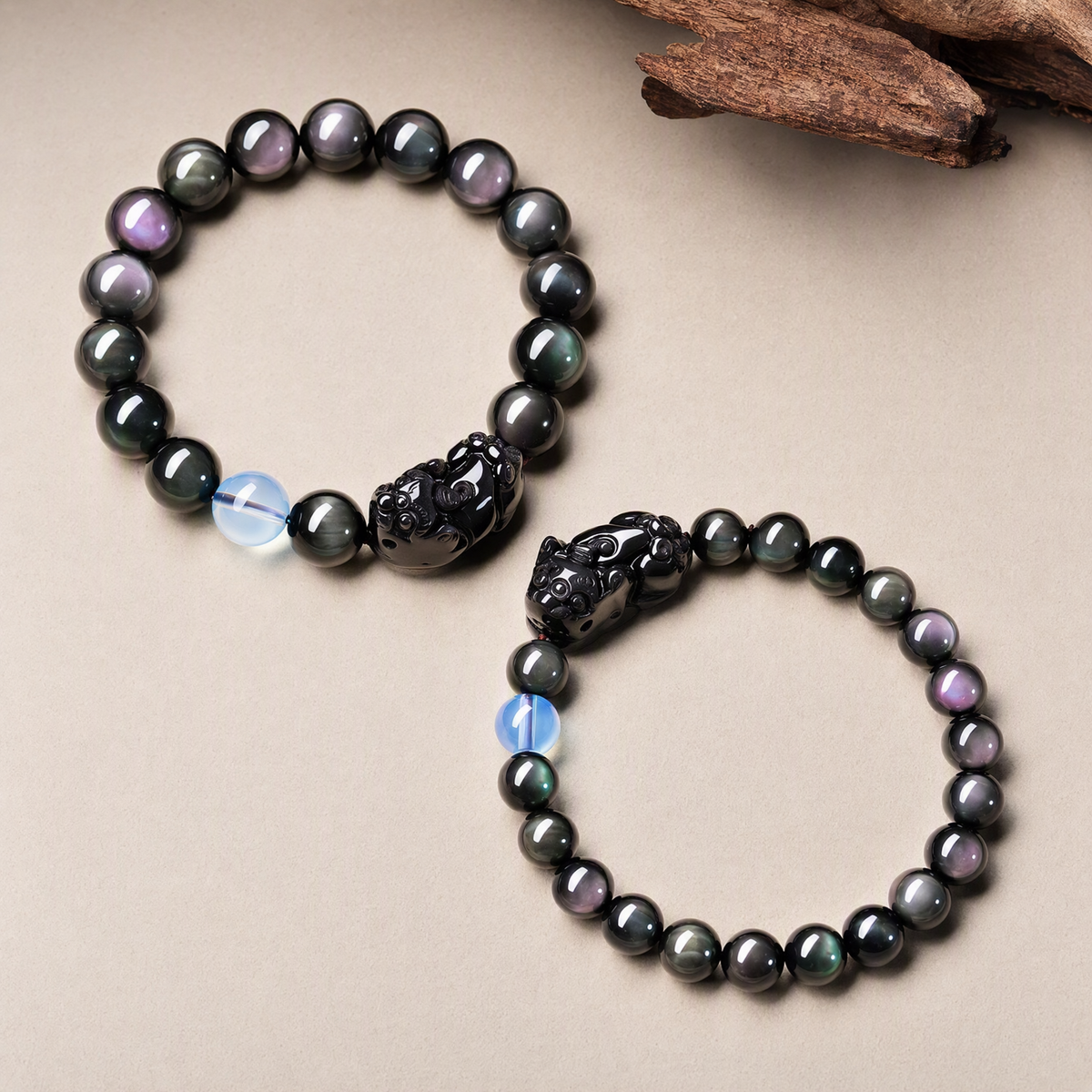 Rainbow Sheen Obsidian & Aquamarine Pixiu Bracelet – Unisex