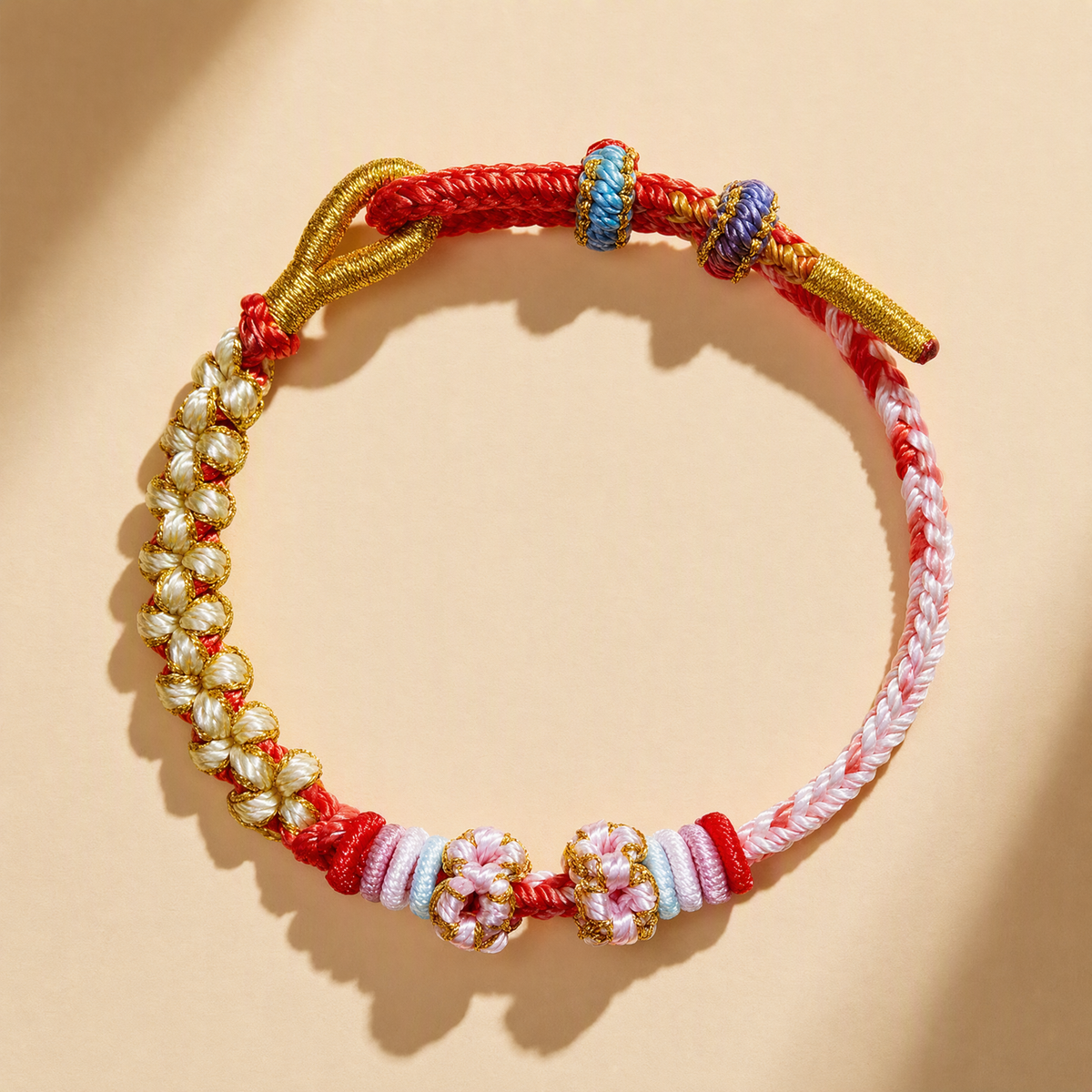 DIY Adjustable Woven Lucky Bracelet with Peach Blossom Knot – Bead-Compatible Bracelet for Adults & Kids