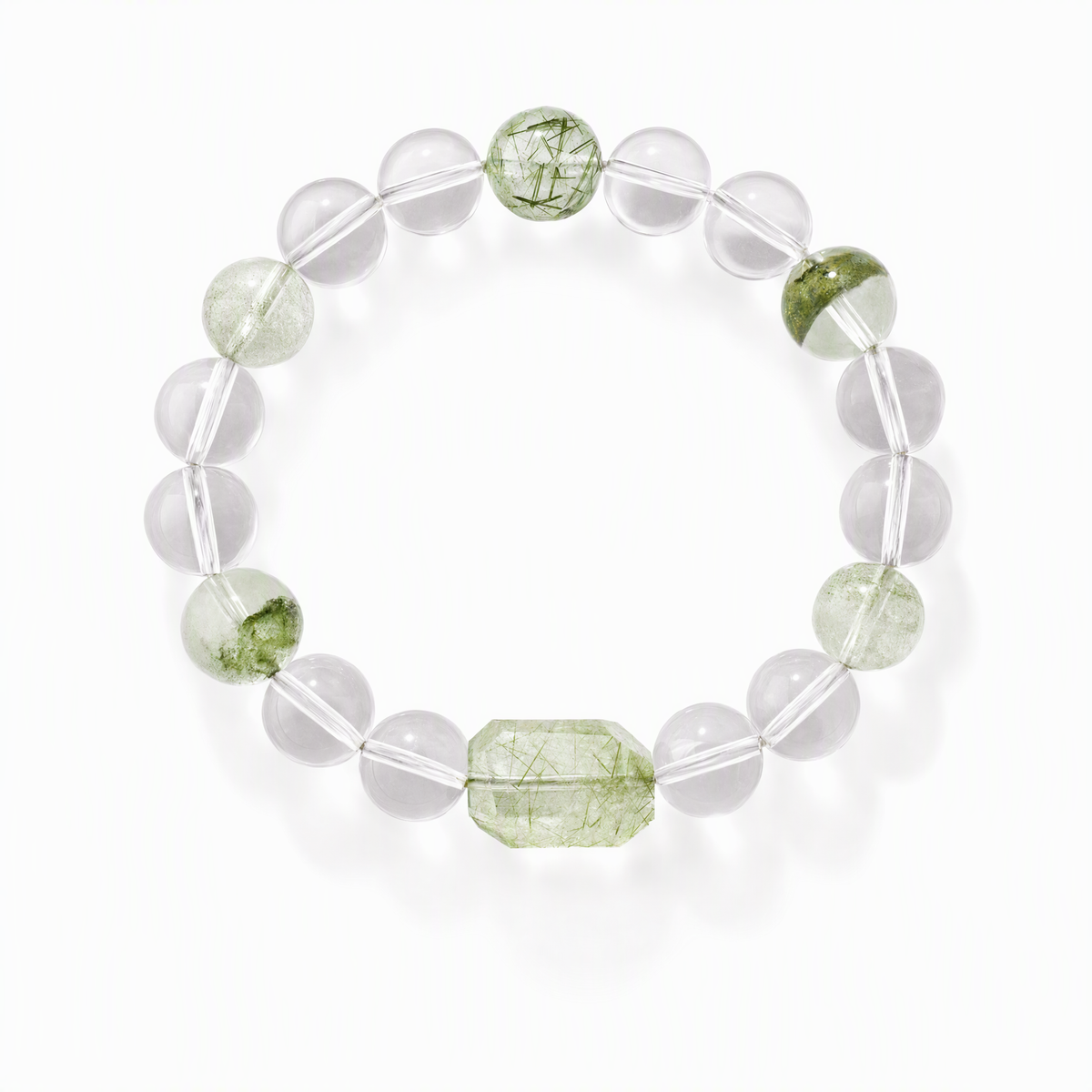 Natural Clear Quartz & Green Rutilated Quartz Bracelet with Green Phantom Crystals