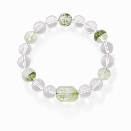 Natural Clear Quartz & Green Rutilated Quartz Bracelet with Green Phantom Crystals