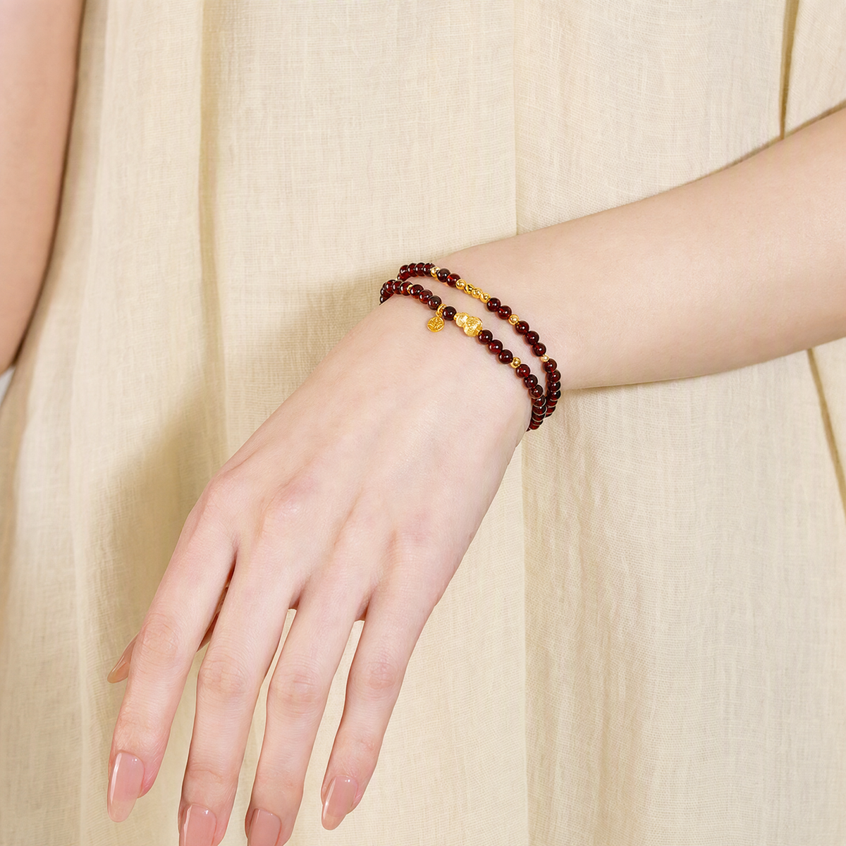 Natural Garnet Multi-Wrap Bracelet with Gold-Tone Gourd & Coin Charms