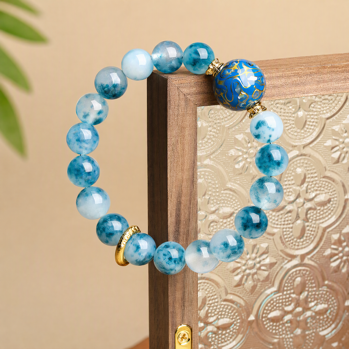 Blue Chalcedony & Artisan Lacquer Bead Bracelet – Handmade Gift