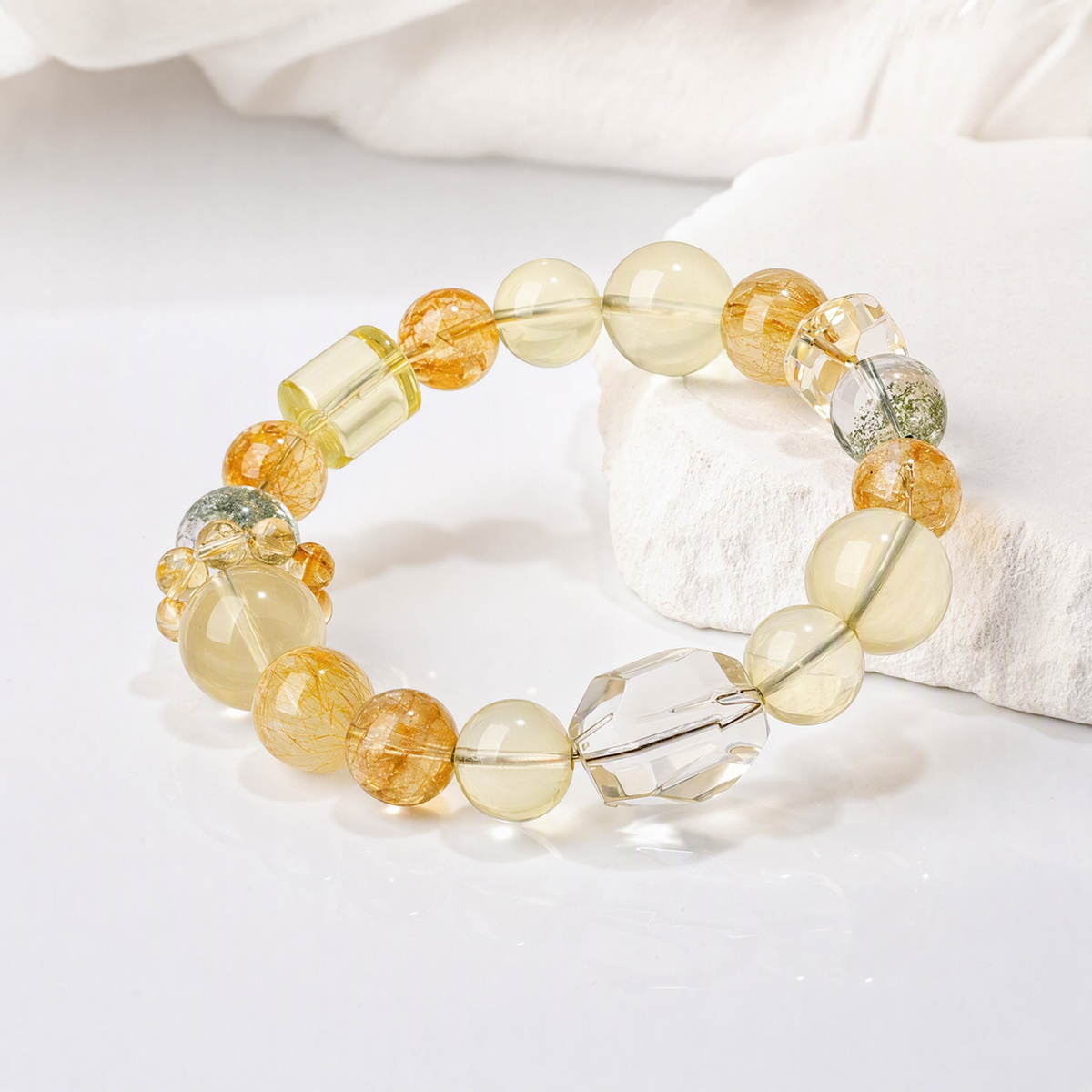 Natural Green Phantom Quartz & Citrine Bracelet with Golden Rutilated Quartz – Mixed Gemstone Jewelry