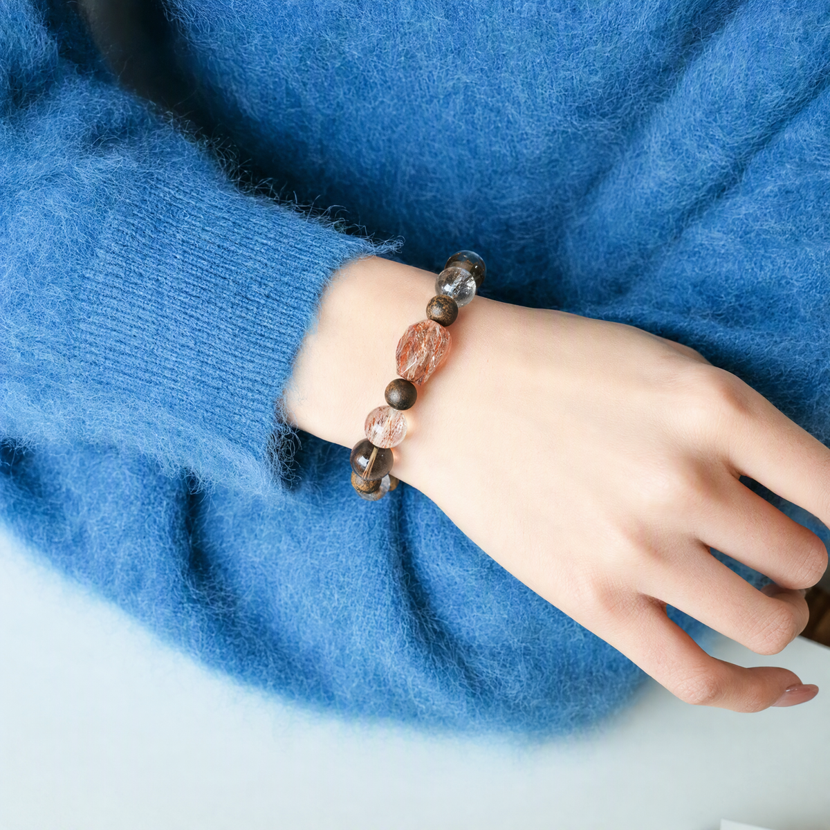 Black Gold Super Seven & Smoky Quartz Bracelet with Agarwood – Natural Gemstone Jewelry