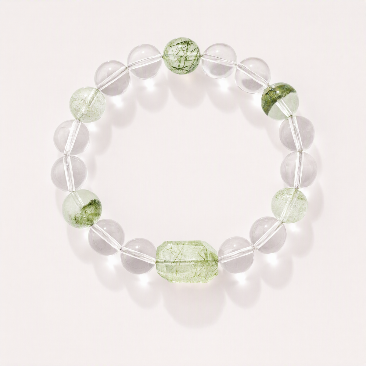 Natural Clear Quartz & Green Rutilated Quartz Bracelet with Green Phantom Crystals