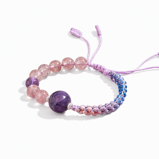 Natural Strawberry Quartz, Charoite & Amethyst Woven Bracelet – Adjustable Gemstone Jewelry