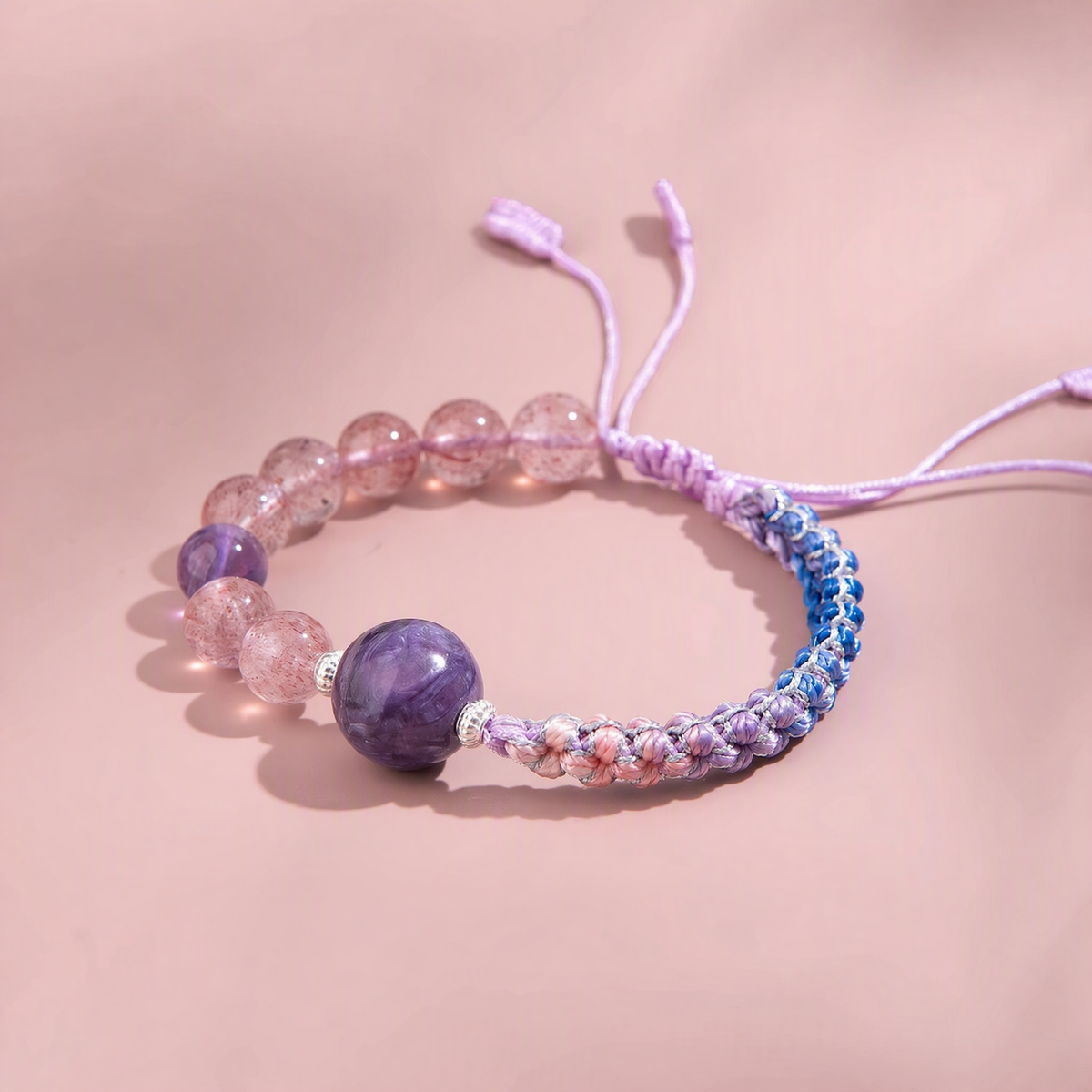 Natural Strawberry Quartz, Charoite & Amethyst Woven Bracelet – Adjustable Gemstone Jewelry
