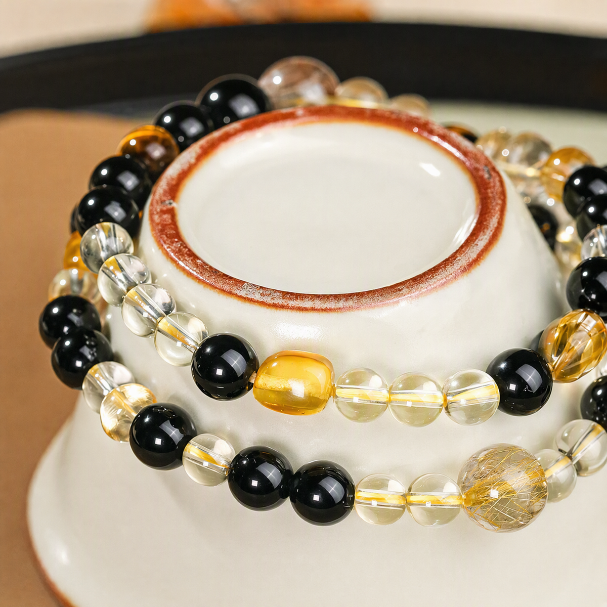 Citrine & Black Obsidian Multi-Layer Bracelet – Mixed Gemstone Design