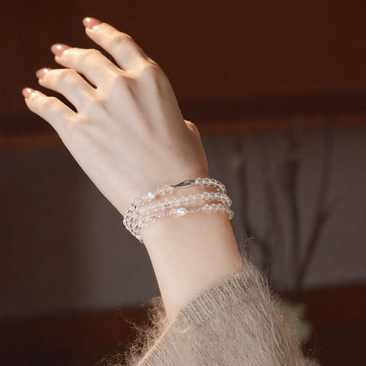 Natural Clear Quartz & Freshwater Pearl Bracelet with S925 Sterling Silver Fish Charm