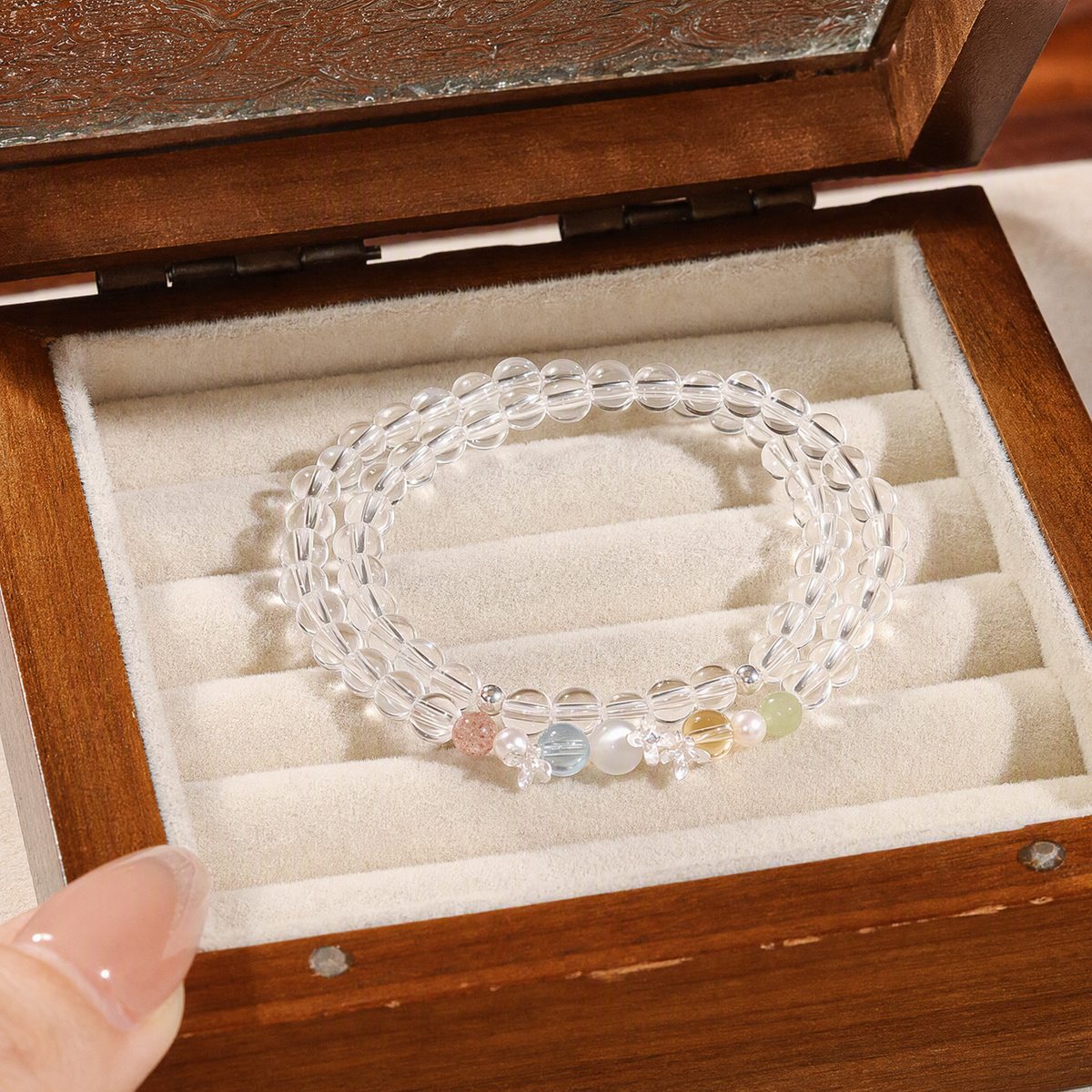 Natural Clear Quartz Rainbow Multigemstone Bracelet with Pearl & 925 Sterling Silver