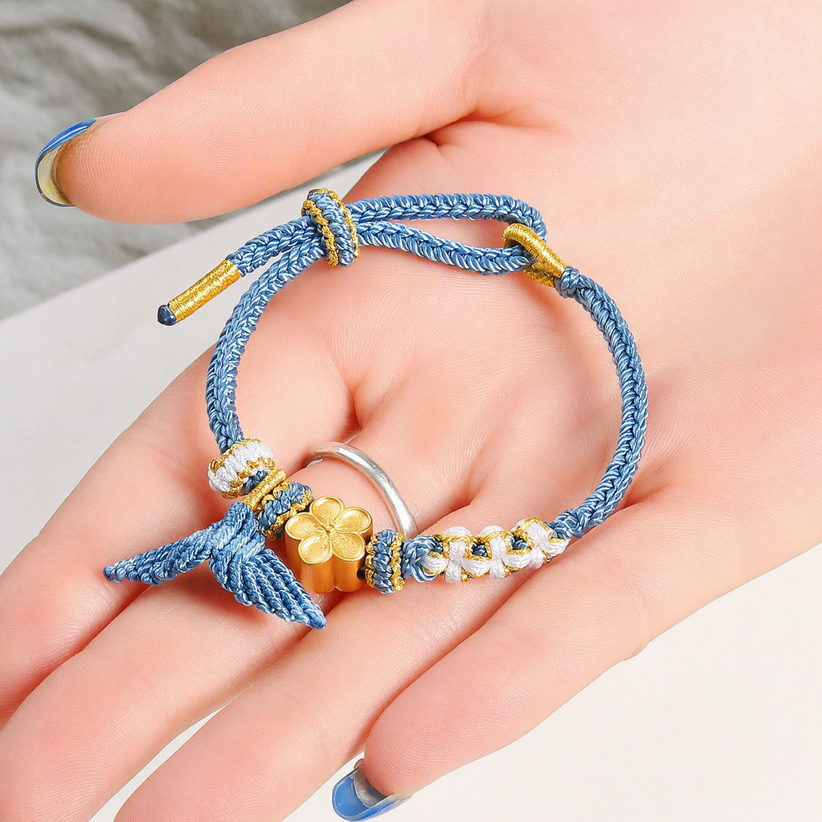 Handwoven Fish Tail Charm Bracelet with 14K Gold-Plated Peach Blossom Bead