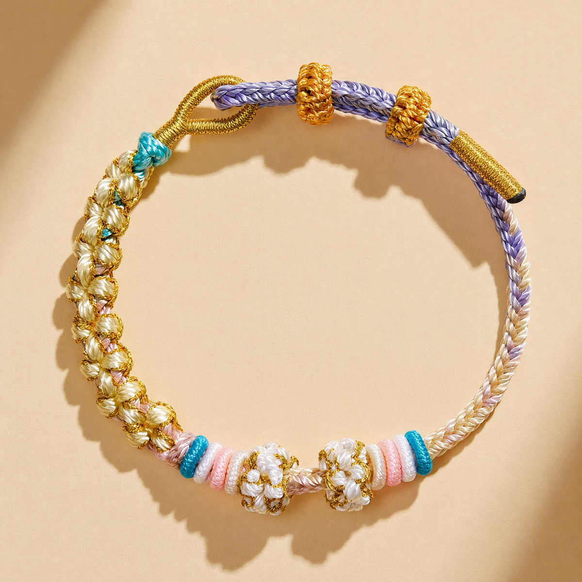 DIY Adjustable Woven Lucky Bracelet with Peach Blossom Knot – Bead-Compatible Bracelet for Adults & Kids