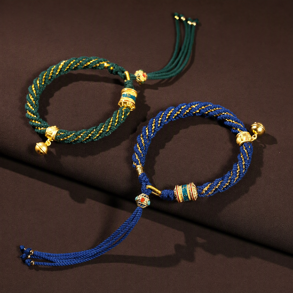 Tibetan-Inspired Woven Mantra Bracelet with Bell & Six-Syllable Mantra Wheel