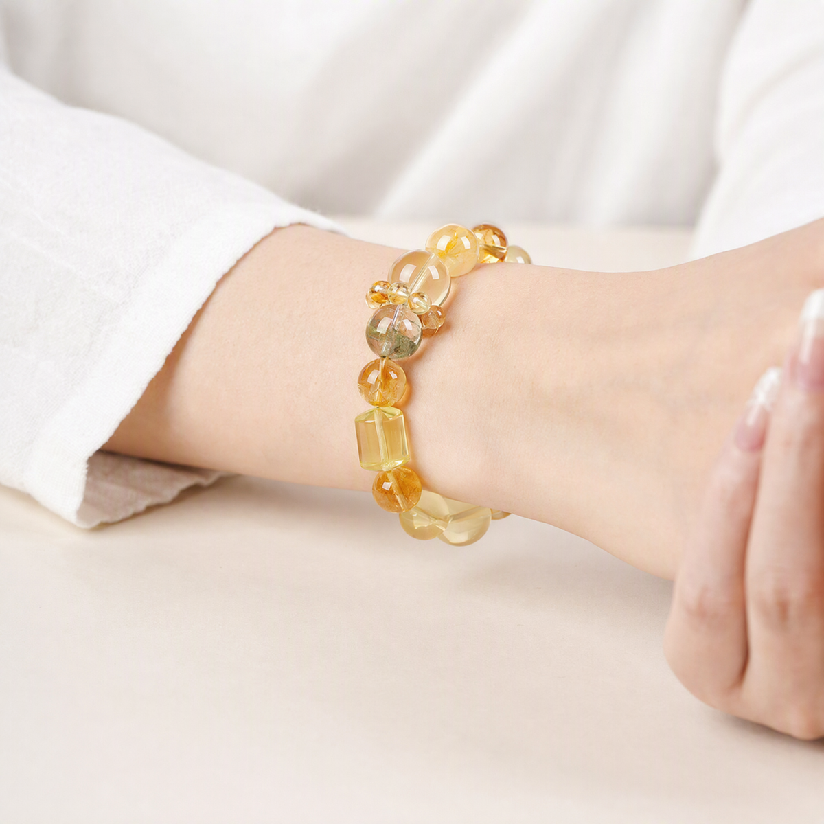Natural Green Phantom Quartz & Citrine Bracelet with Golden Rutilated Quartz – Mixed Gemstone Jewelry