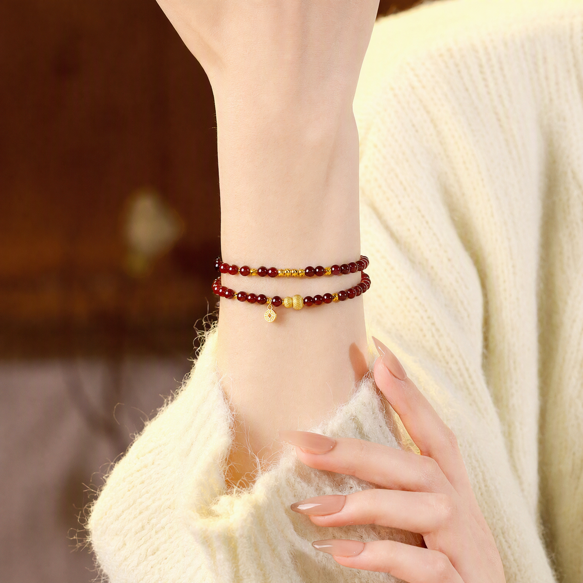 Natural Garnet Multi-Wrap Bracelet with Gold-Tone Gourd & Coin Charms