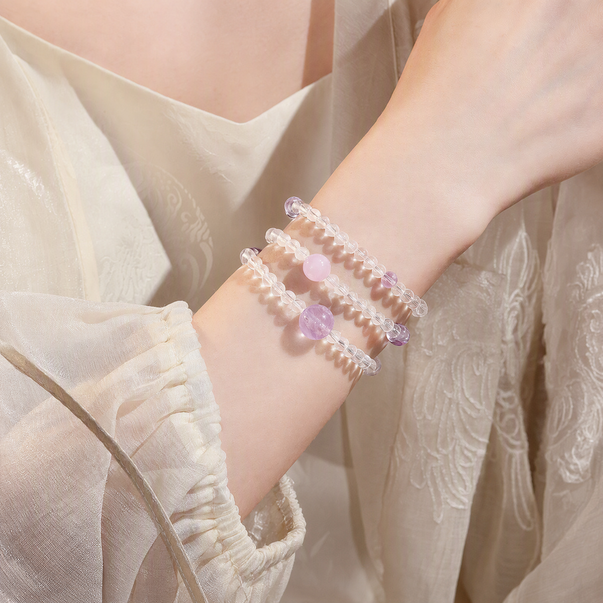 Lepidolite, Clear Quartz & Amethyst Multi-Wrap Bracelet