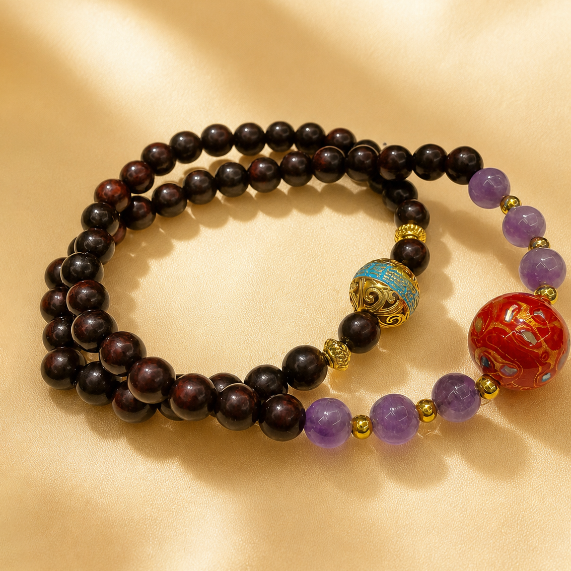 Handmade Double Wrap Beaded Bracelet | Vintage Yoga Healing for Women (Red Sandalwood, Amethyst)