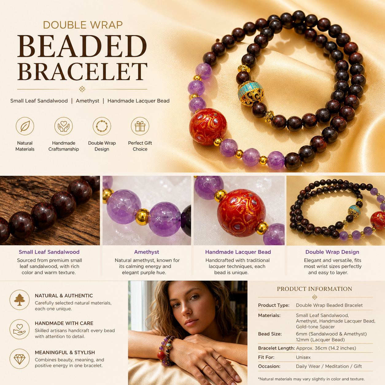 Handmade Double Wrap Beaded Bracelet | Vintage Yoga Healing for Women (Red Sandalwood, Amethyst)